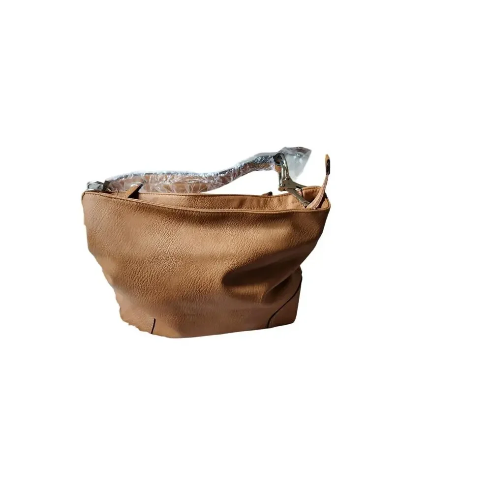 Alyssa Vegan Bucket Handbag 15x11x4” 3 Section Zip Closure Camel Tan 9
